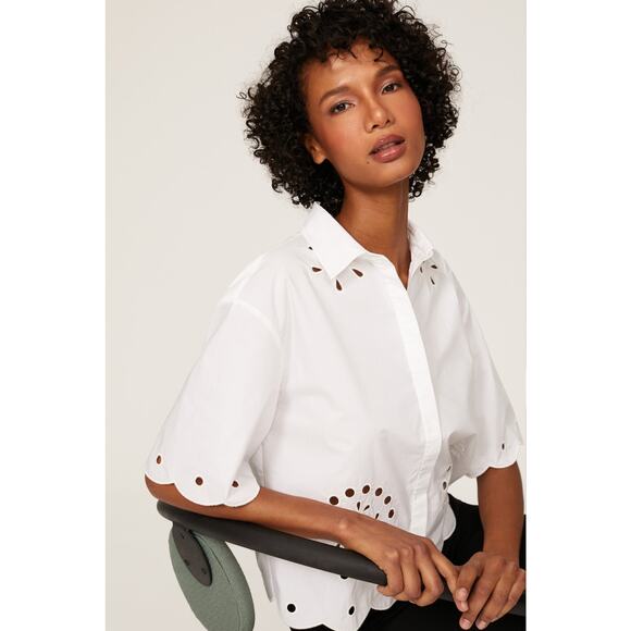 Jason Wu White Scalloped Eyelet Short Sleeve Cottage Button Up Blouse Size 8 - Picture 4 of 10